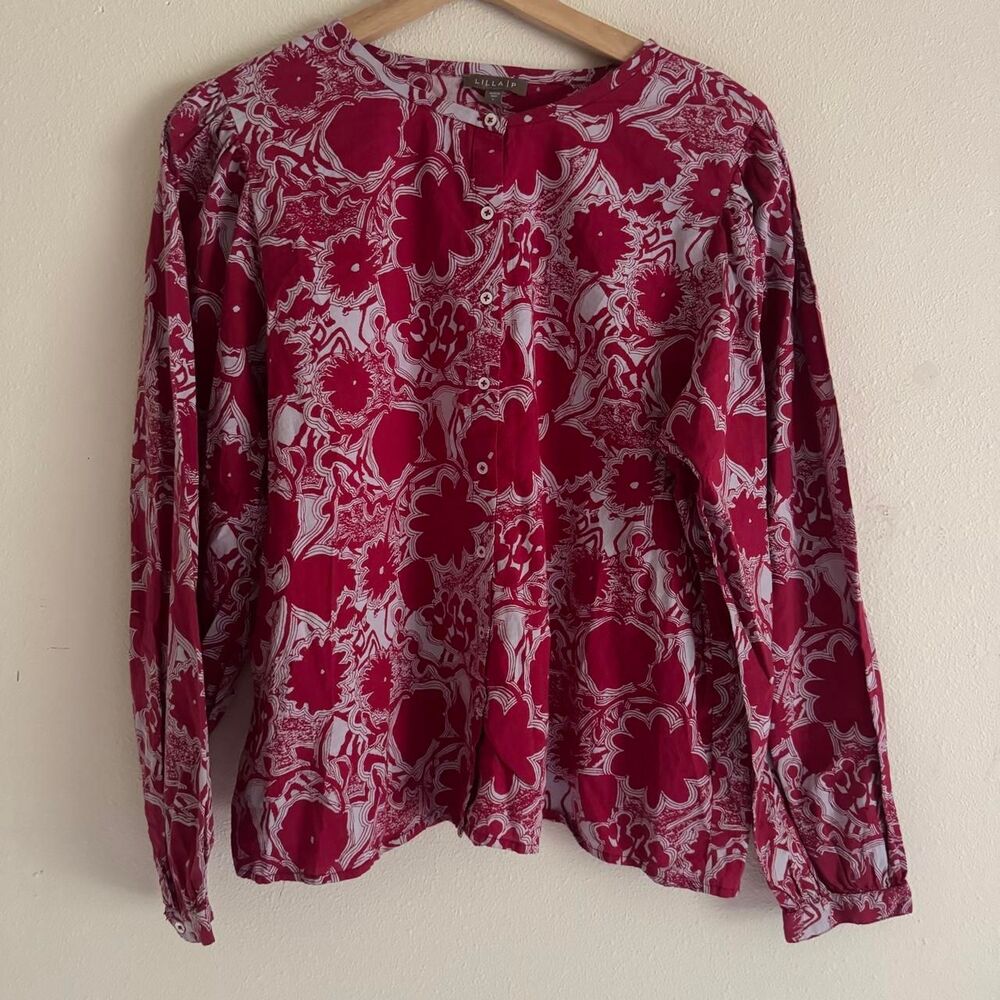Lilla P Iceberg Print Blouse L Raspberry Pink Floral Cotton Retro Boho